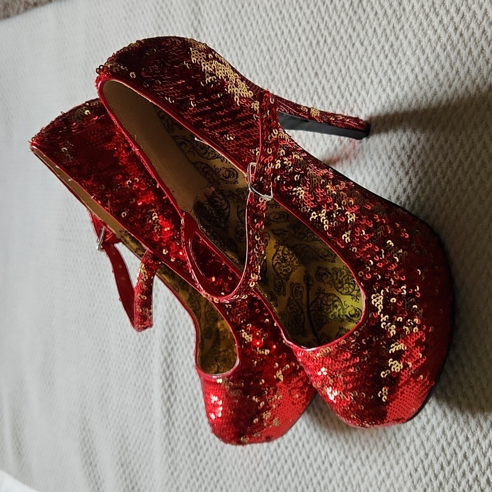 Bordello Red and Gold Sequin Hidden Platform Mary Jane Heels 7